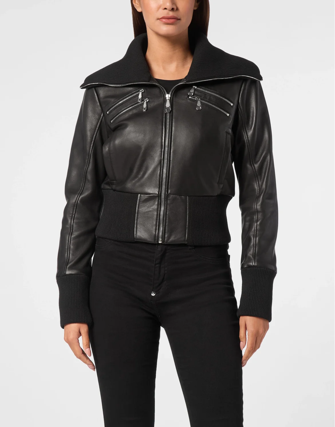 Leather Jacket With Knitted Collar, цвет: Черный