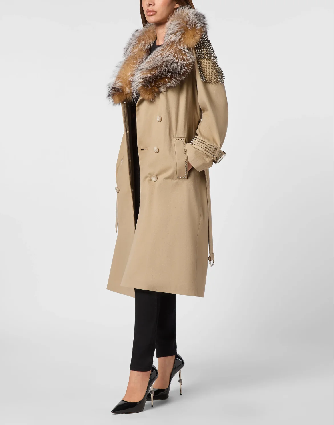 Gabardine Trench Coat With Fur Collar, цвет: Бежевый