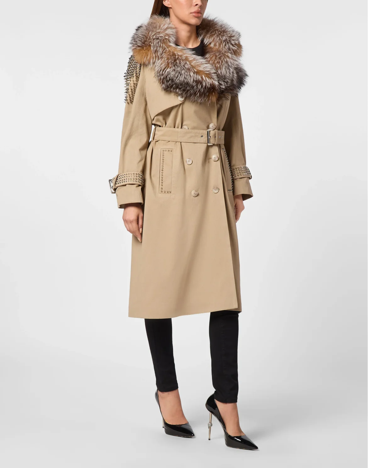 Gabardine Trench Coat With Fur Collar, цвет: Бежевый