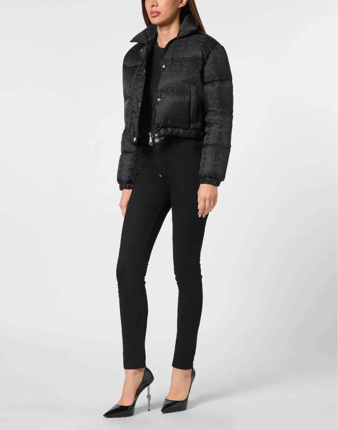 Nylon Jacquard Cropped Puffer Jacket Monogram, цвет: Черный