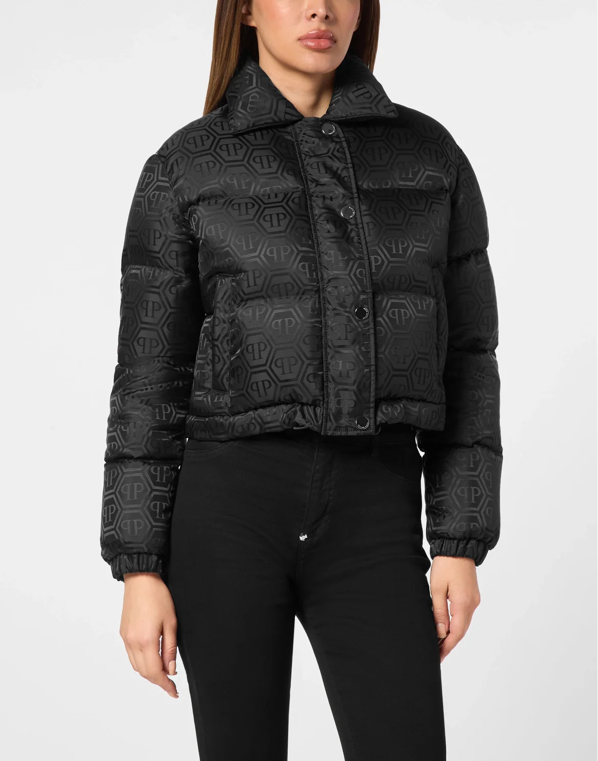 Nylon Jacquard Cropped Puffer Jacket Monogram, цвет: Черный