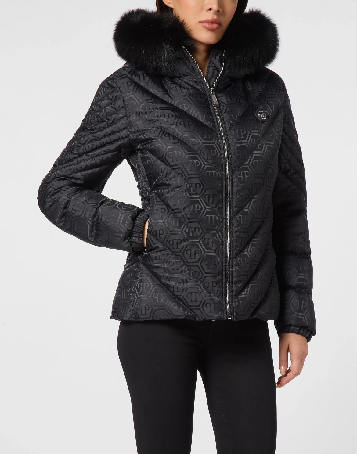 Puffer Jacket Fox Hood Monogram, цвет: Черный
