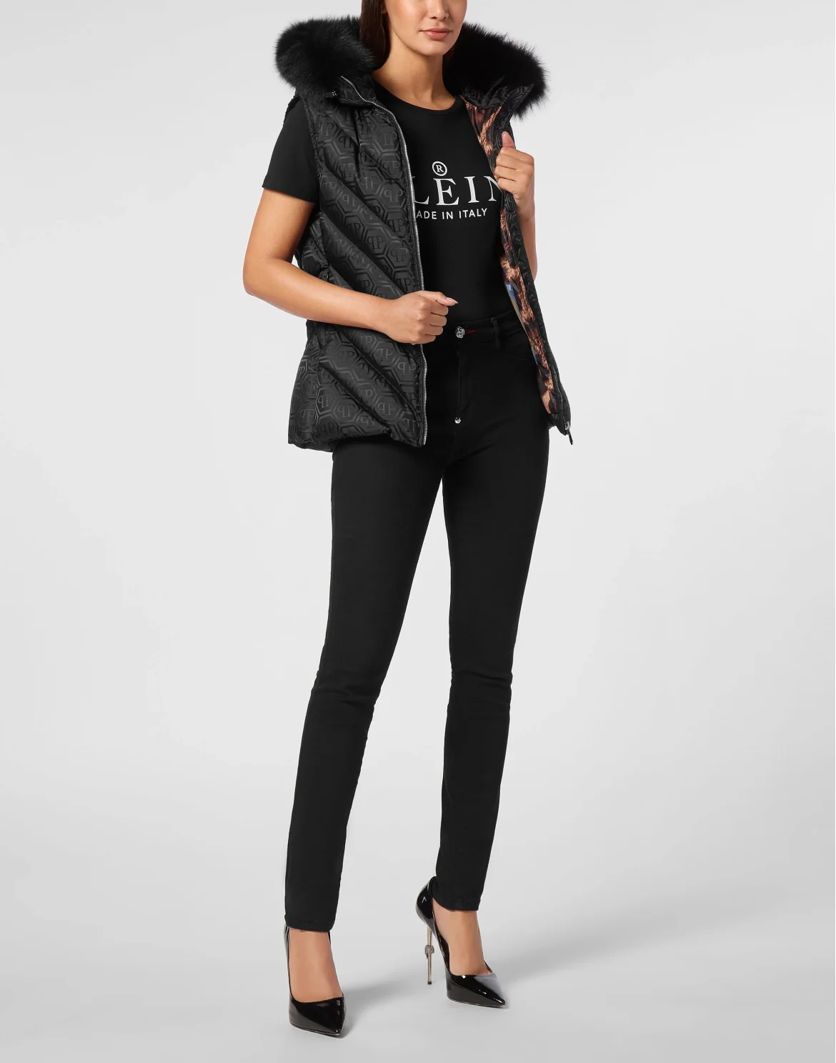 Puffer Gilet Fox Hood Monogram, цвет: Черный