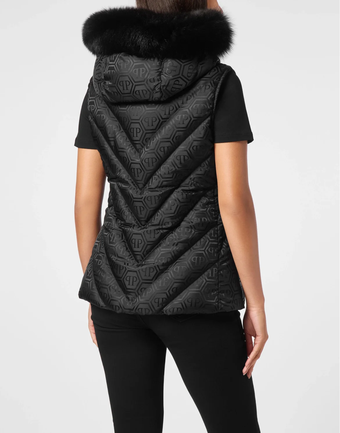 Puffer Gilet Fox Hood Monogram, цвет: Черный
