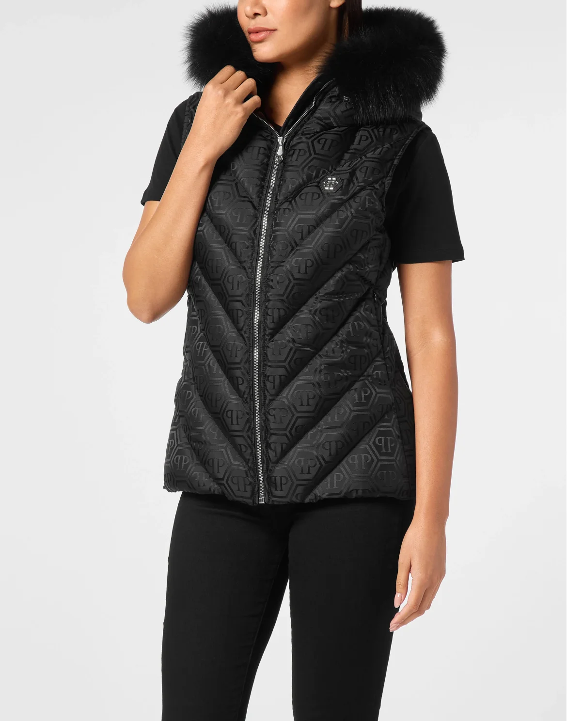 Puffer Gilet Fox Hood Monogram, цвет: Черный