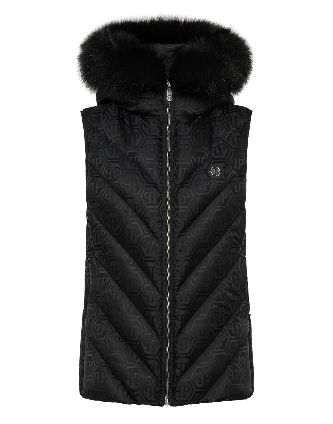 Puffer Gilet Fox Hood Monogram, цвет: Черный