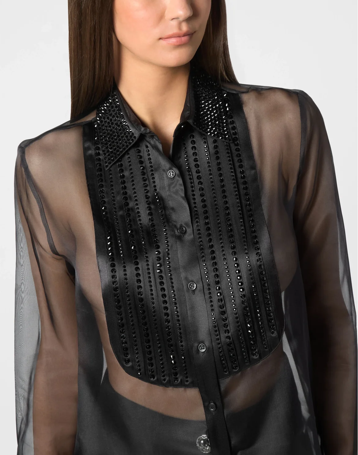 Organza Plastron Strass Regular Shirt, цвет: Черный