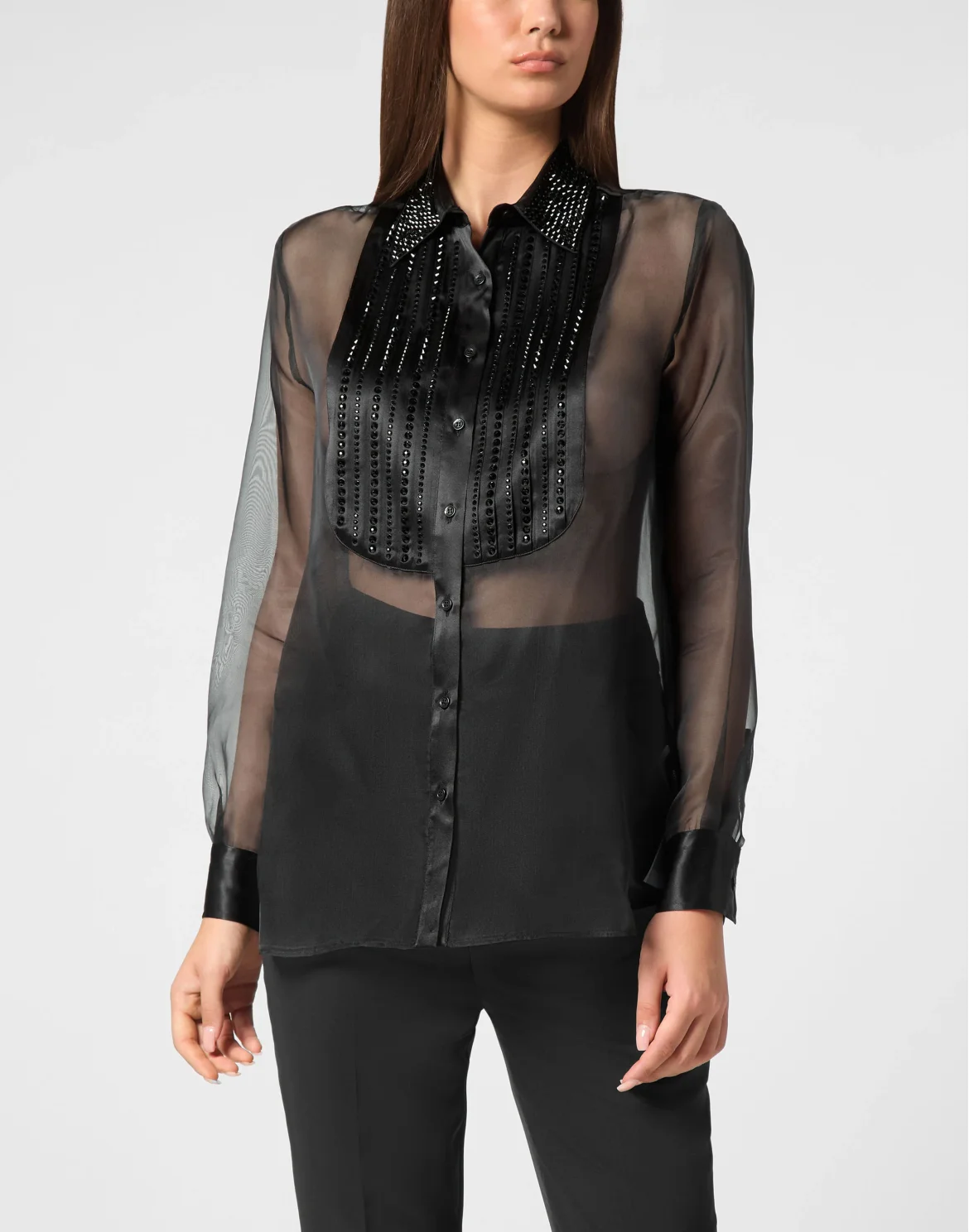 Organza Plastron Strass Regular Shirt, цвет: Черный