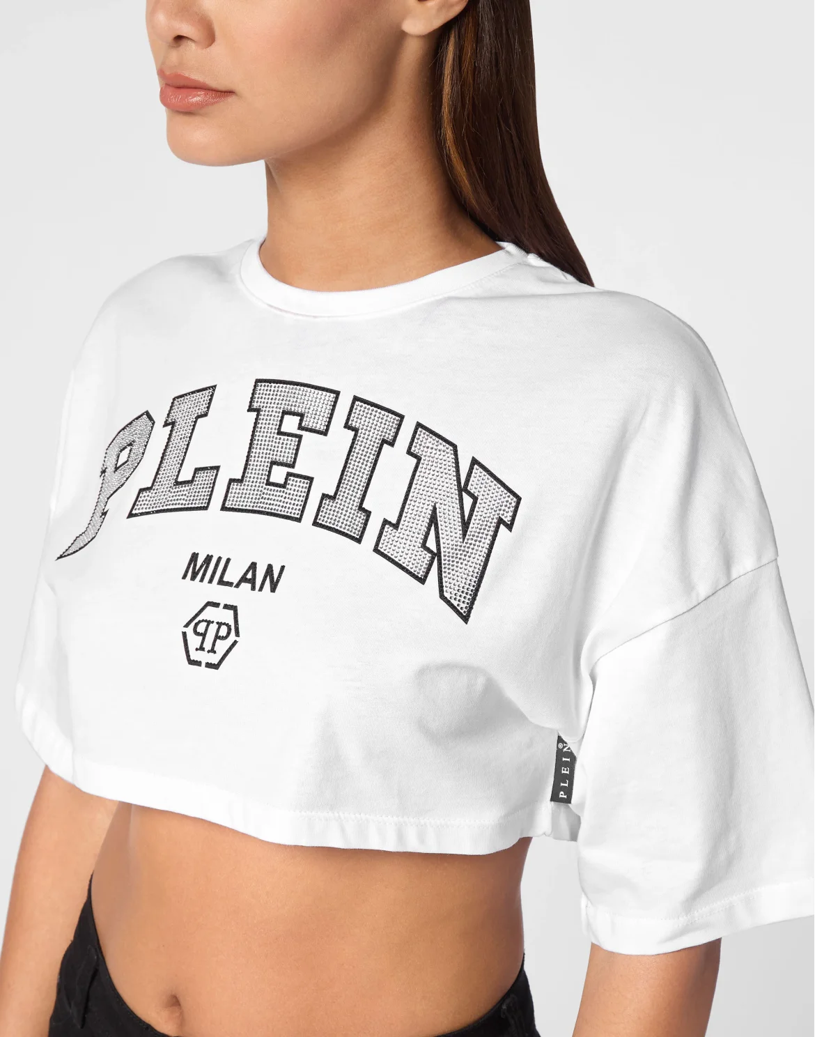 Cropped T-shirt Round Neck SS Strass, цвет: Белый
