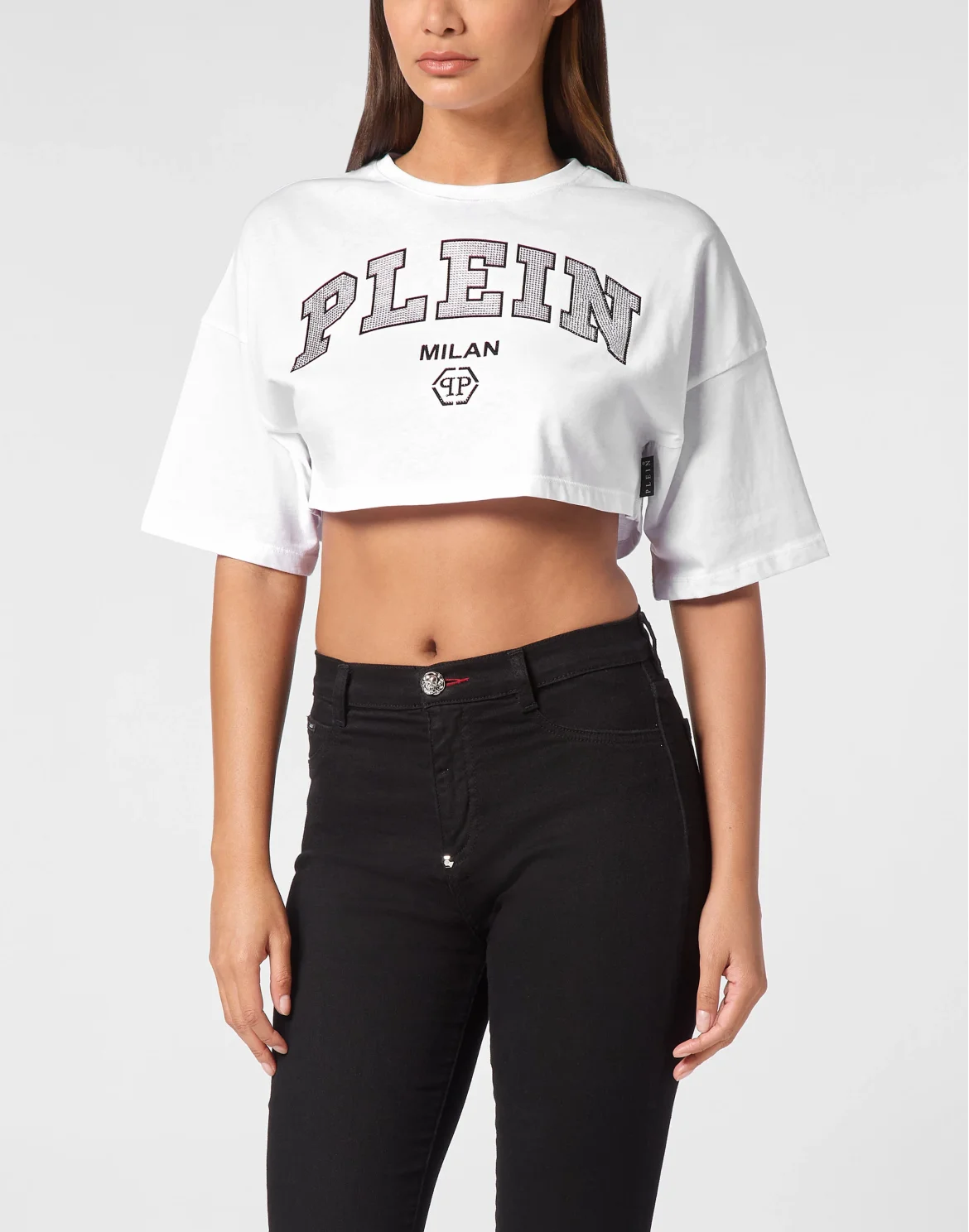 Cropped T-shirt Round Neck SS Strass, цвет: Белый