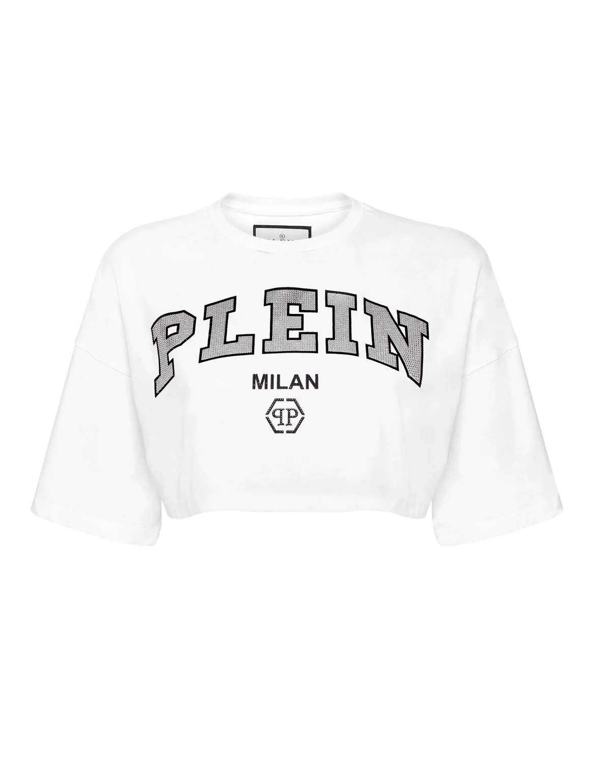 Cropped T-shirt Round Neck SS Strass, цвет: Белый