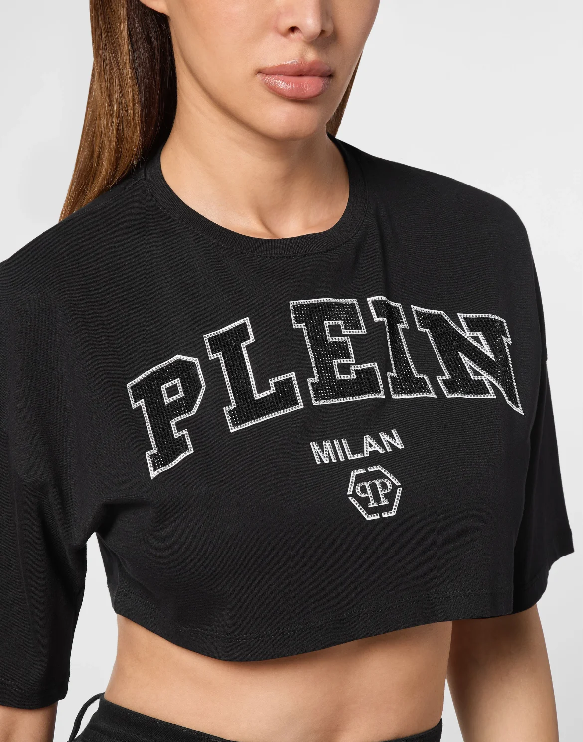 Cropped T-shirt Round Neck SS Strass, цвет: Черный