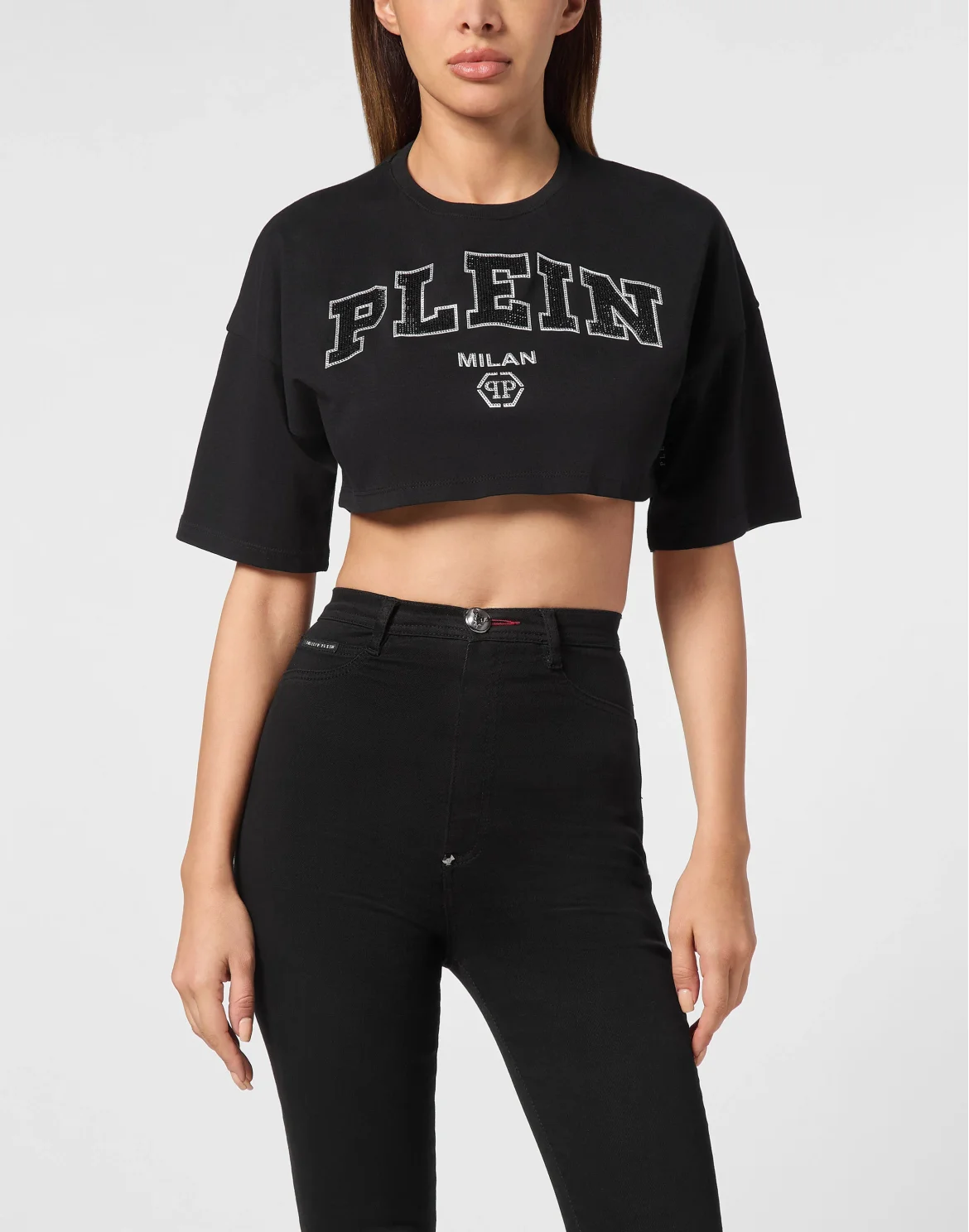 Cropped T-shirt Round Neck SS Strass, цвет: Черный