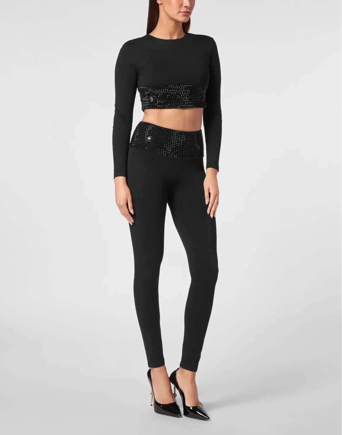 Strass Cropped T-shirt Round Neck LS, цвет: Черный