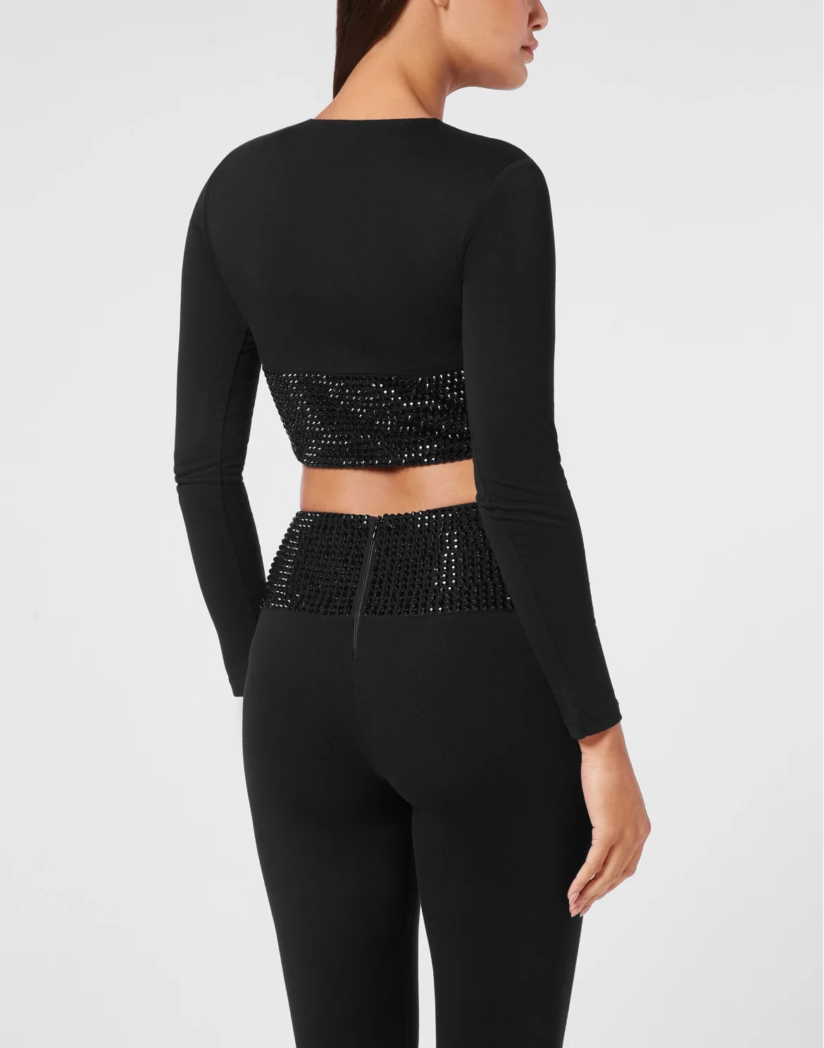Strass Cropped T-shirt Round Neck LS, цвет: Черный