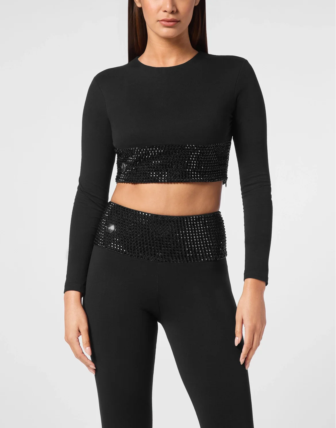 Strass Cropped T-shirt Round Neck LS, цвет: Черный