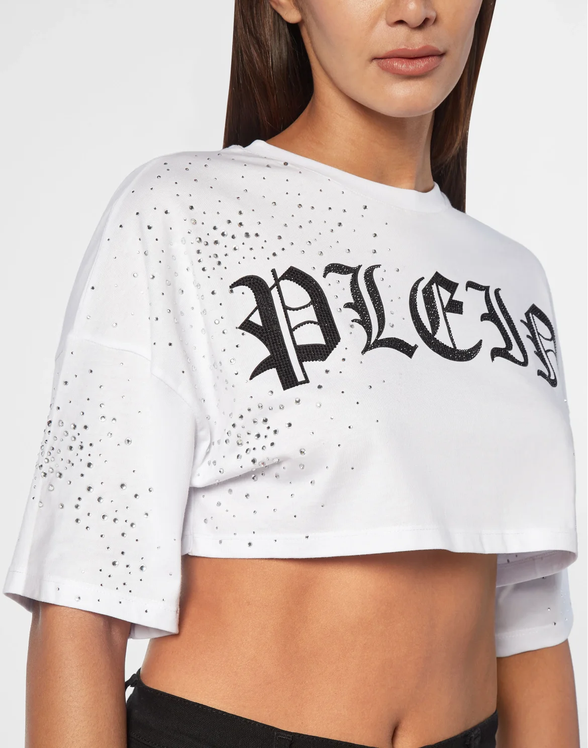 Strass Cropped T-shirt Round Neck SS, цвет: Белый
