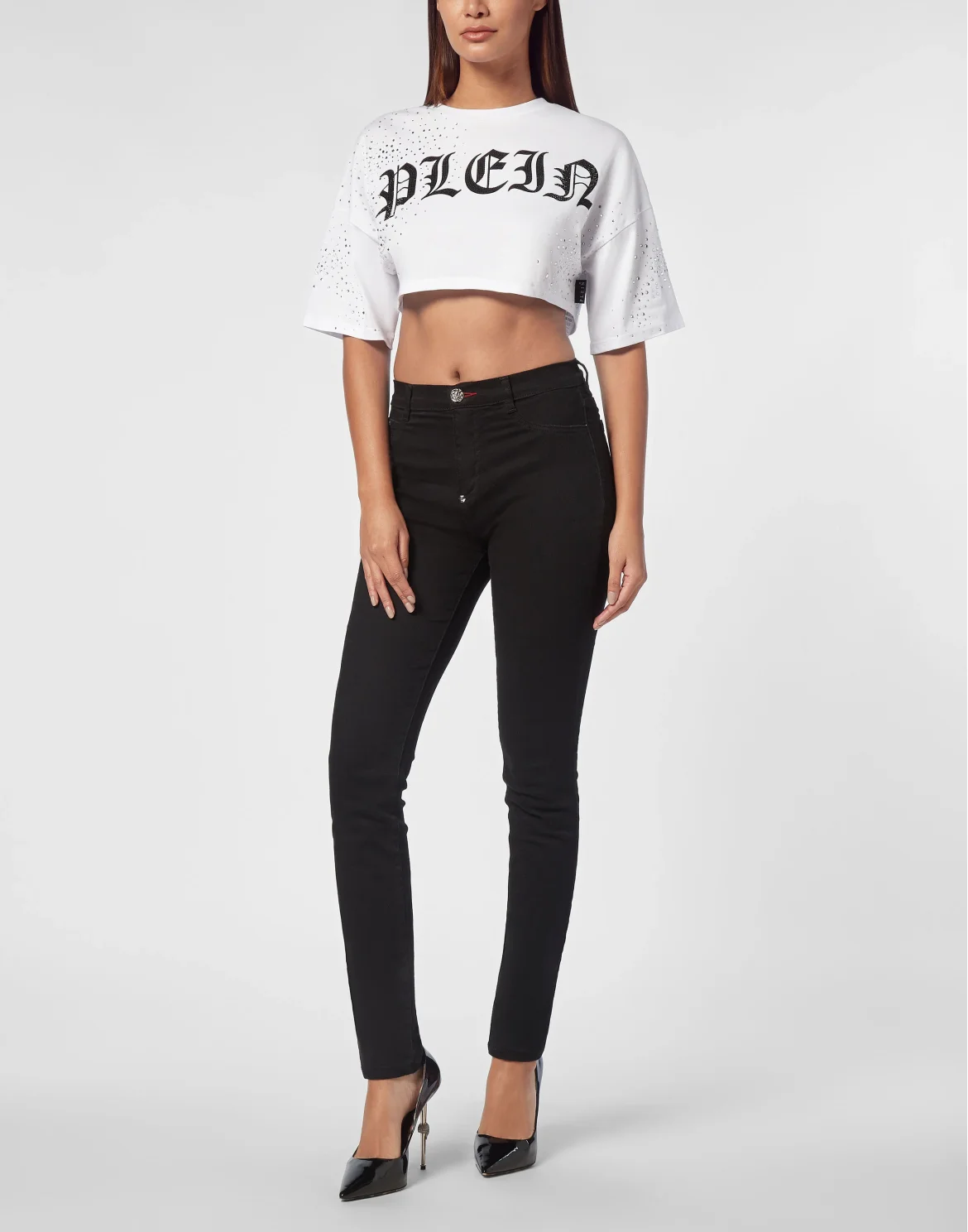 Strass Cropped T-shirt Round Neck SS, цвет: Белый