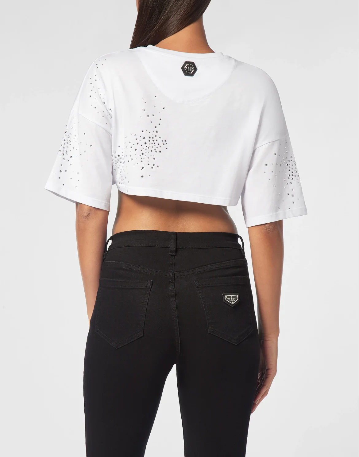 Strass Cropped T-shirt Round Neck SS, цвет: Белый