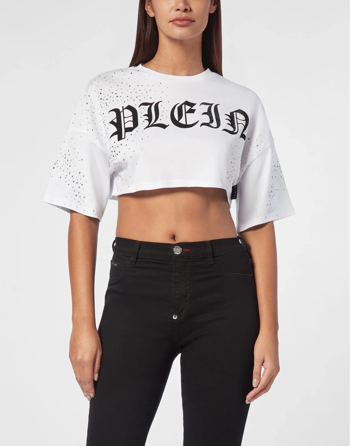 Strass Cropped T-shirt Round Neck SS, цвет: Белый