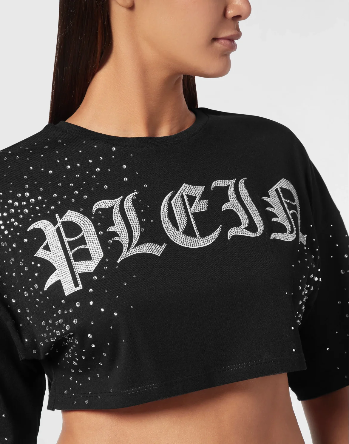 Strass Cropped T-shirt Round Neck SS, цвет: Черный