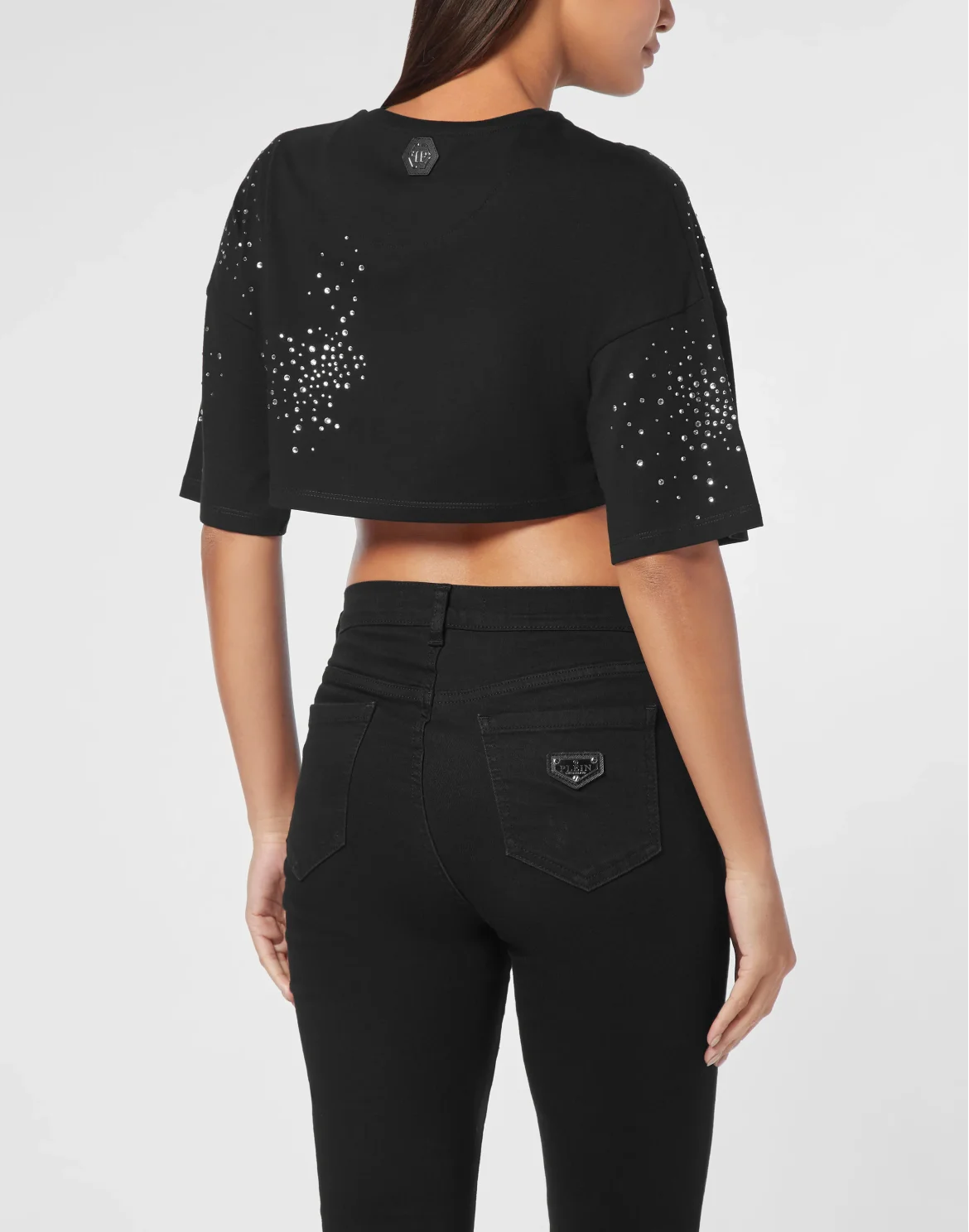 Strass Cropped T-shirt Round Neck SS, цвет: Черный