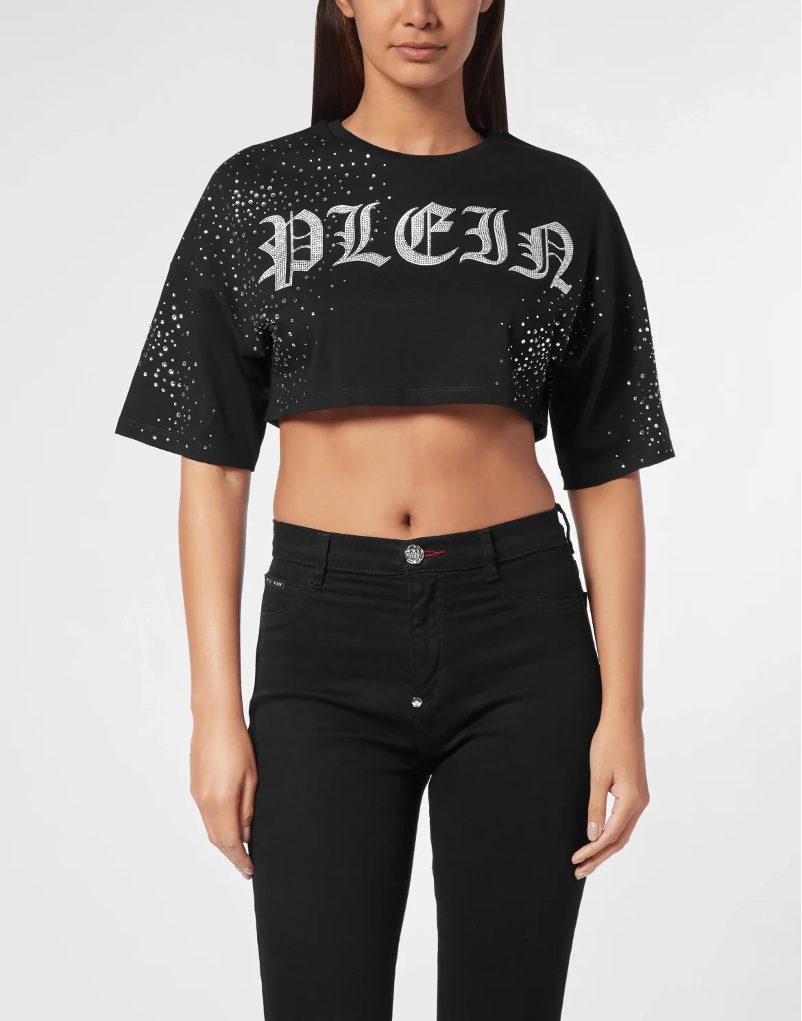 Strass Cropped T-shirt Round Neck SS, цвет: Черный