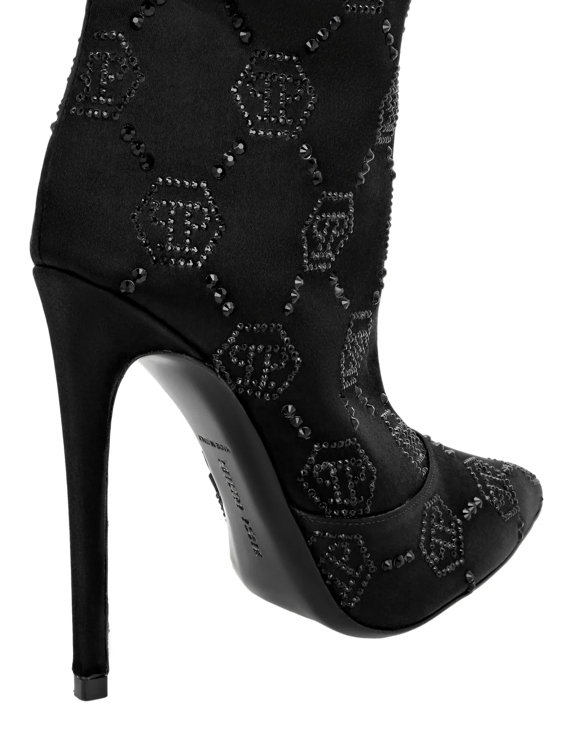 Satin Boots High Heels Mid Strass Monogram, цвет: Черный