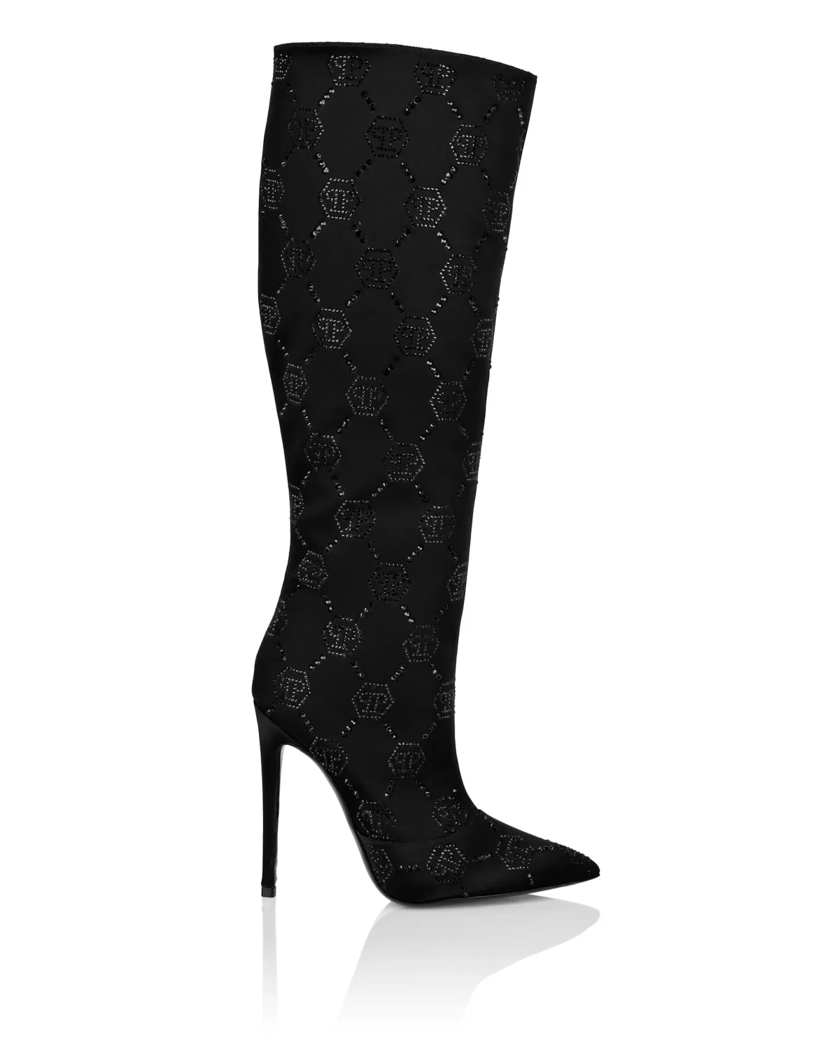 Satin Boots High Heels Mid Strass Monogram, цвет: Черный