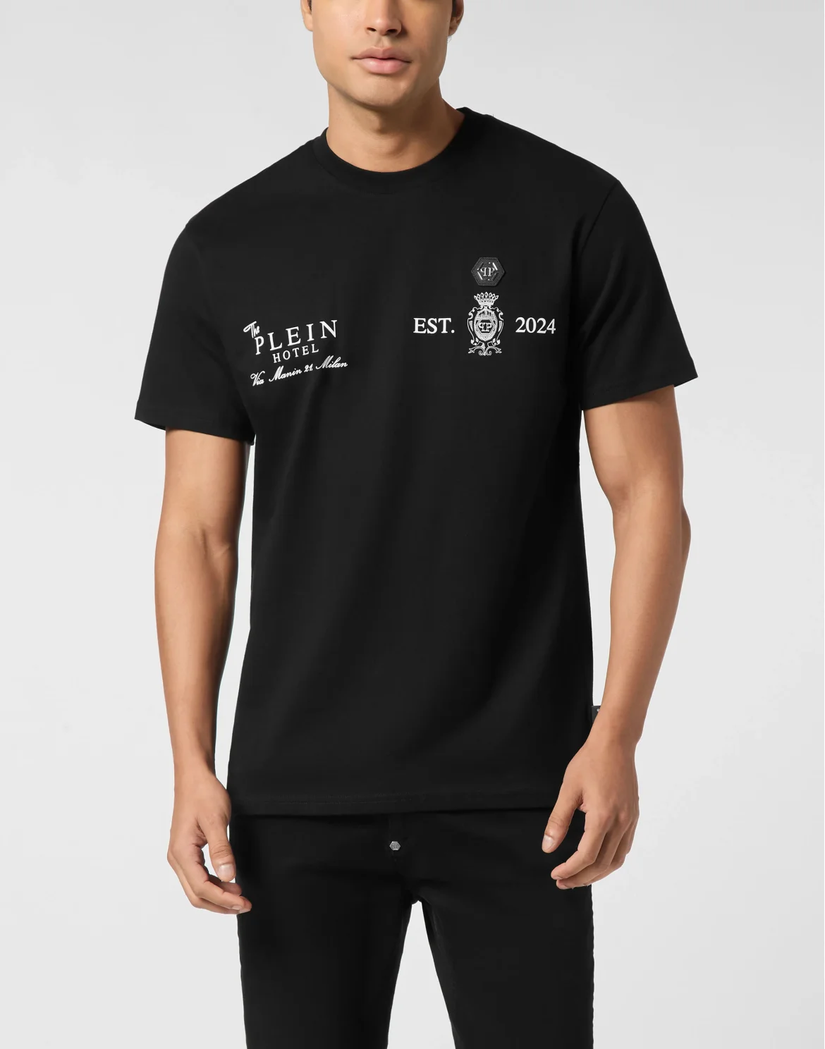 Embroidered Round Neck T-Shirt Plein Hotel, цвет: Черный