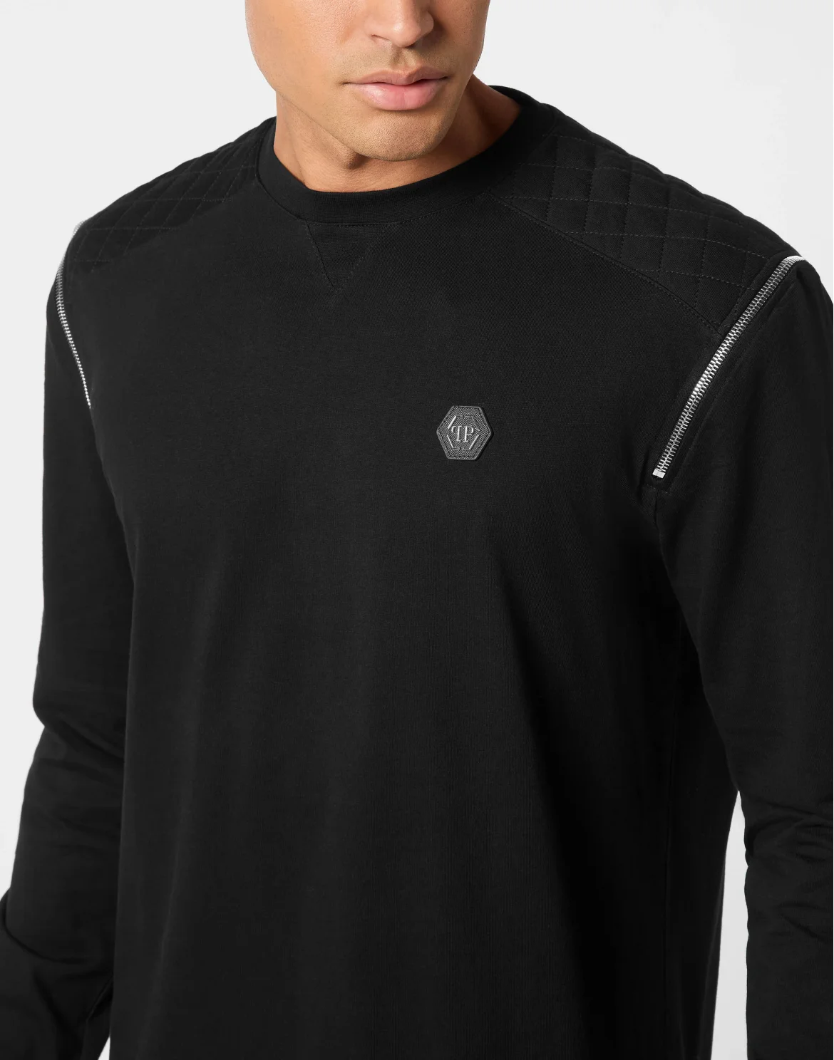 Round Neck T-Shirt Long Sleeve With Zippers On Sleeves, цвет: Черный