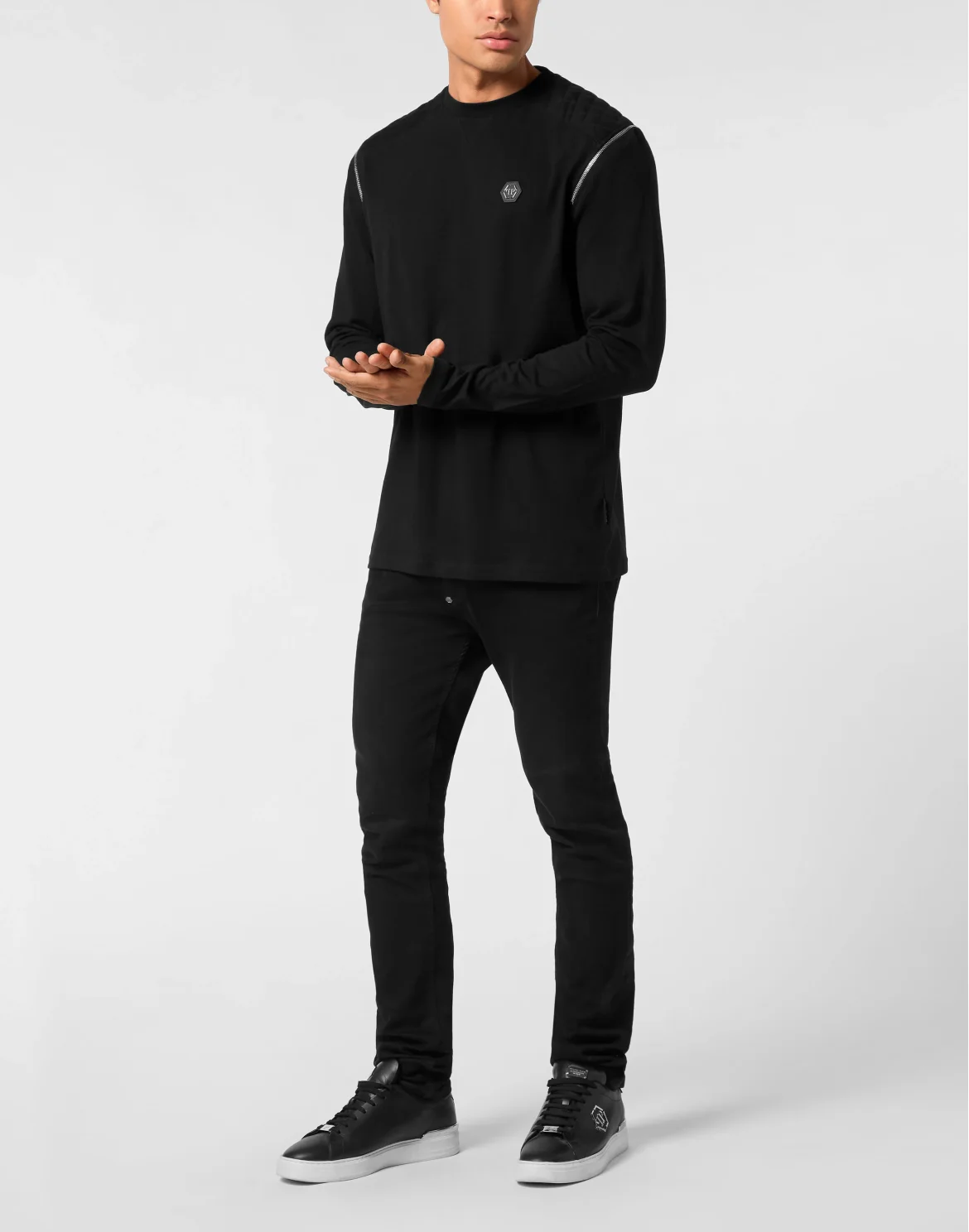 Round Neck T-Shirt Long Sleeve With Zippers On Sleeves, цвет: Черный