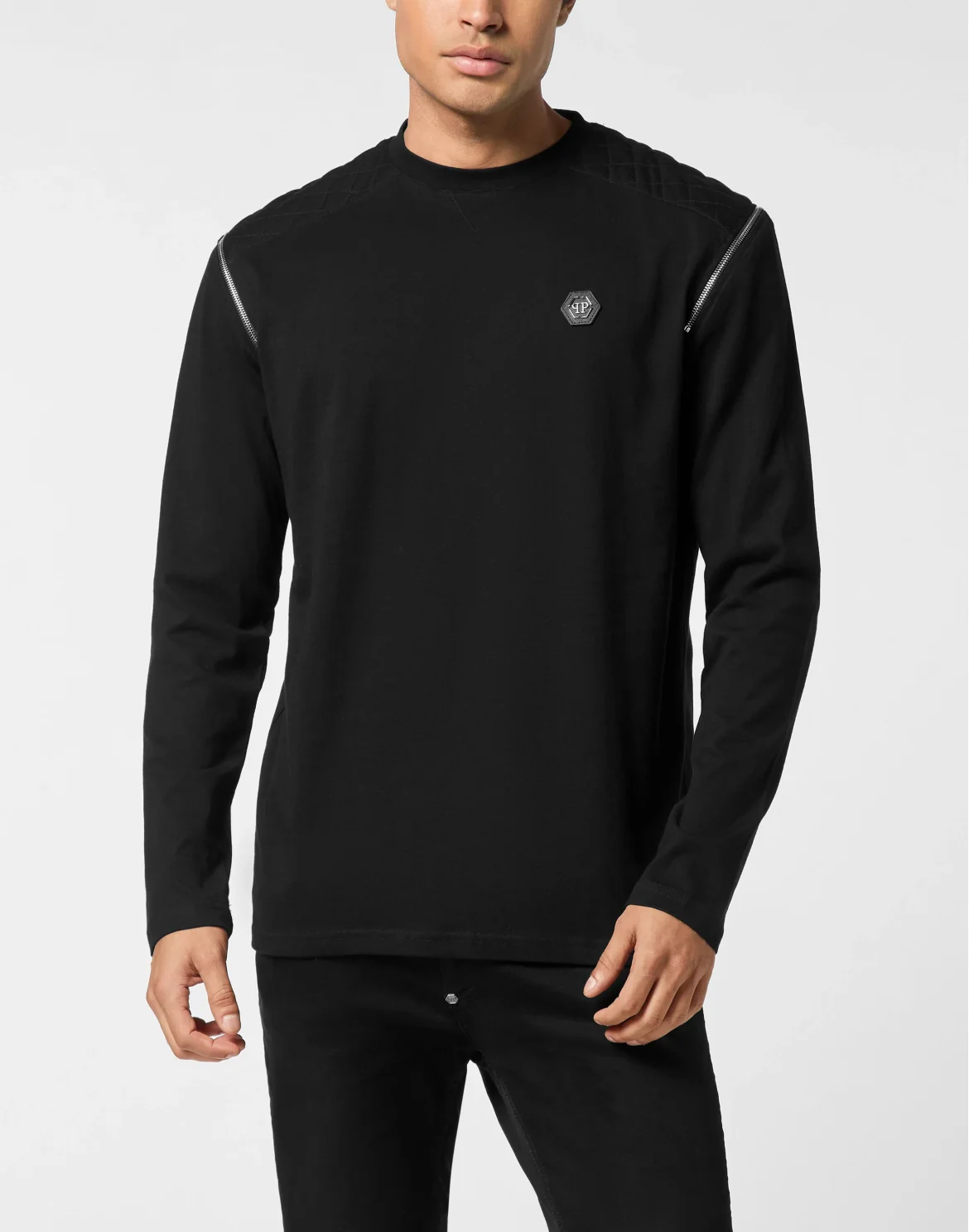 Round Neck T-Shirt Long Sleeve With Zippers On Sleeves, цвет: Черный