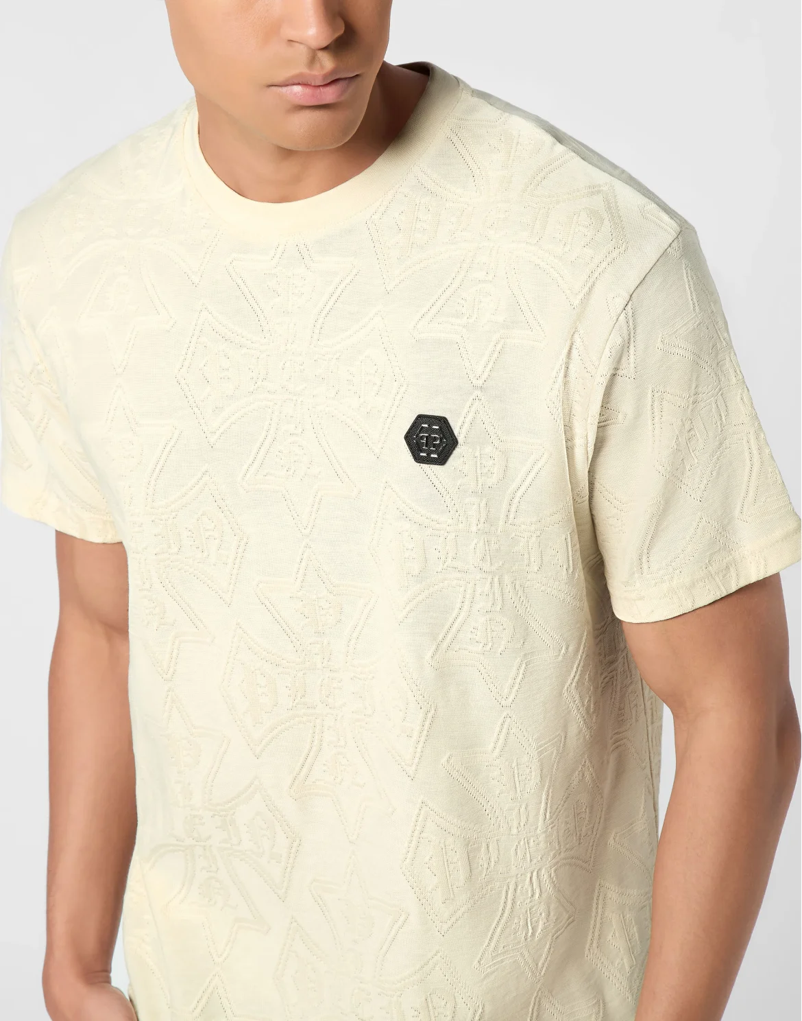 Round Neck Jacquard T-Shirt Crest, цвет: Бежевый