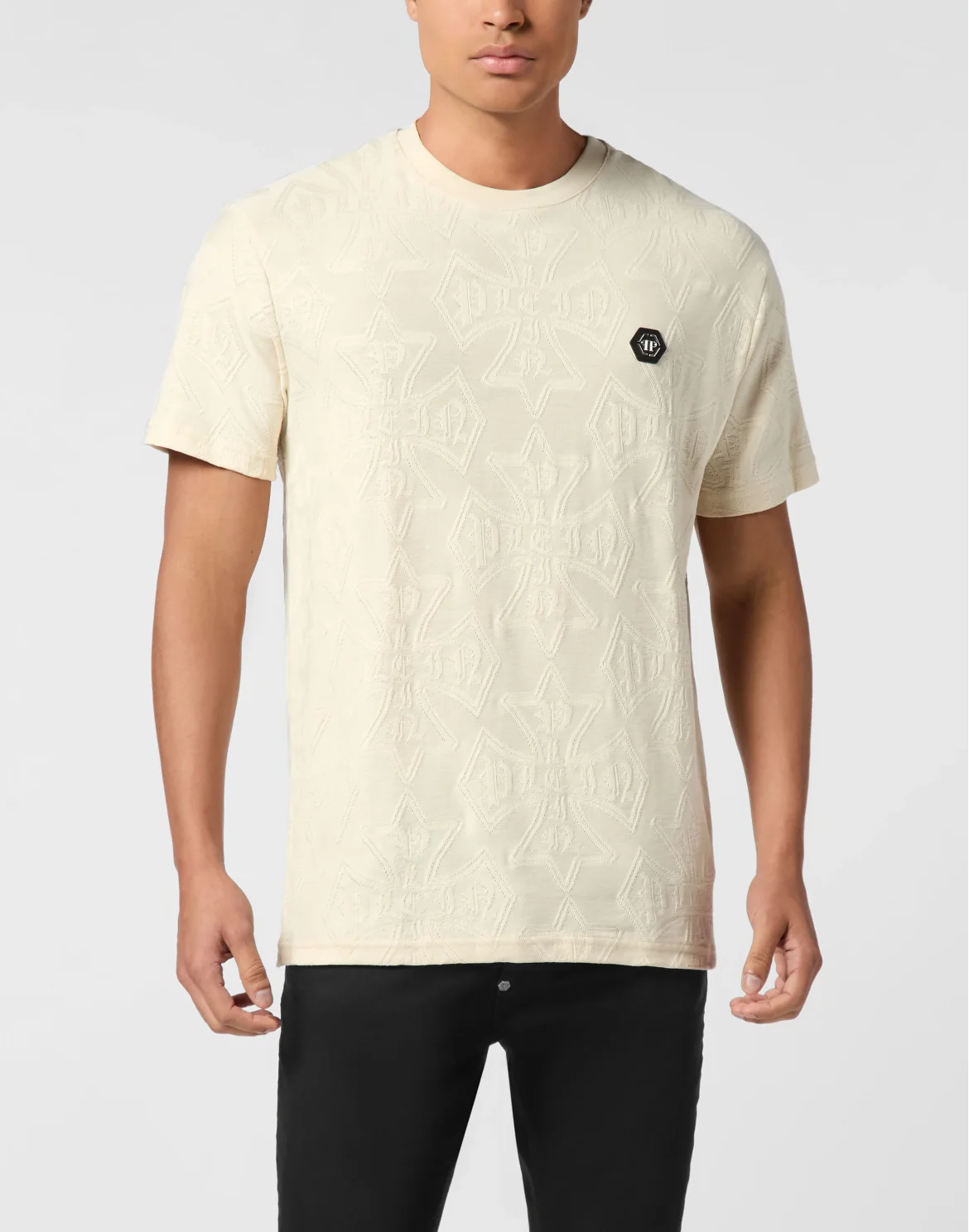 Round Neck Jacquard T-Shirt Crest, цвет: Бежевый