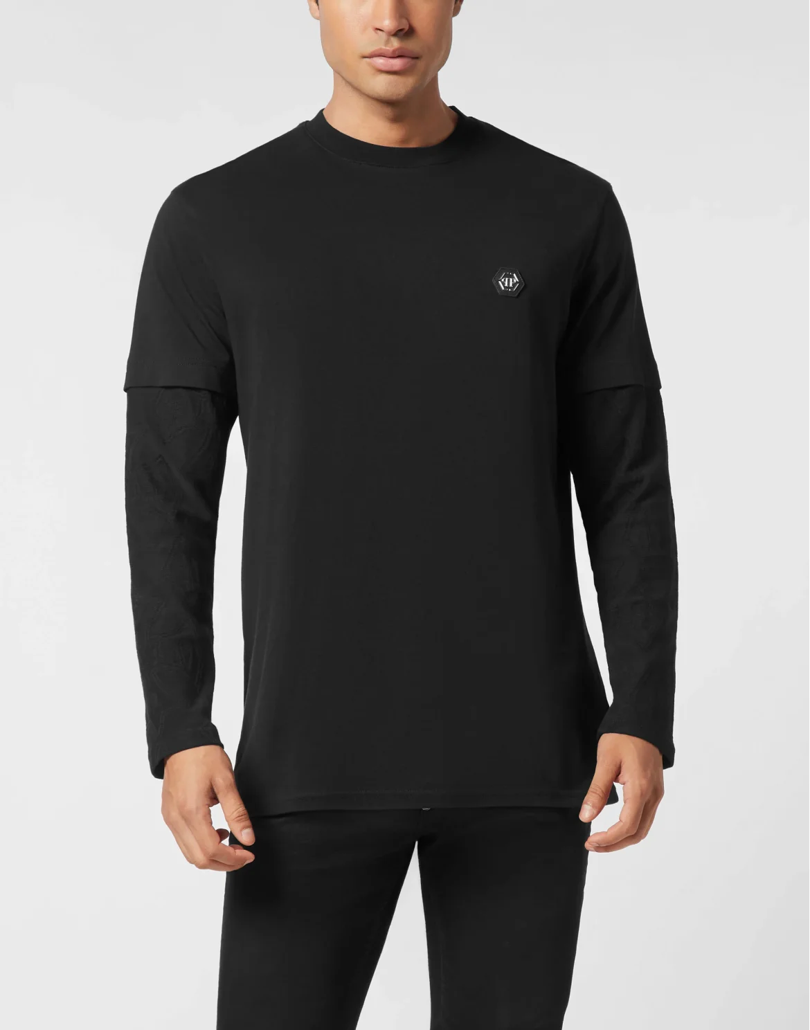 Double-Sleeved Longsleeve T-Shirt Jacquard Crest, цвет: Черный