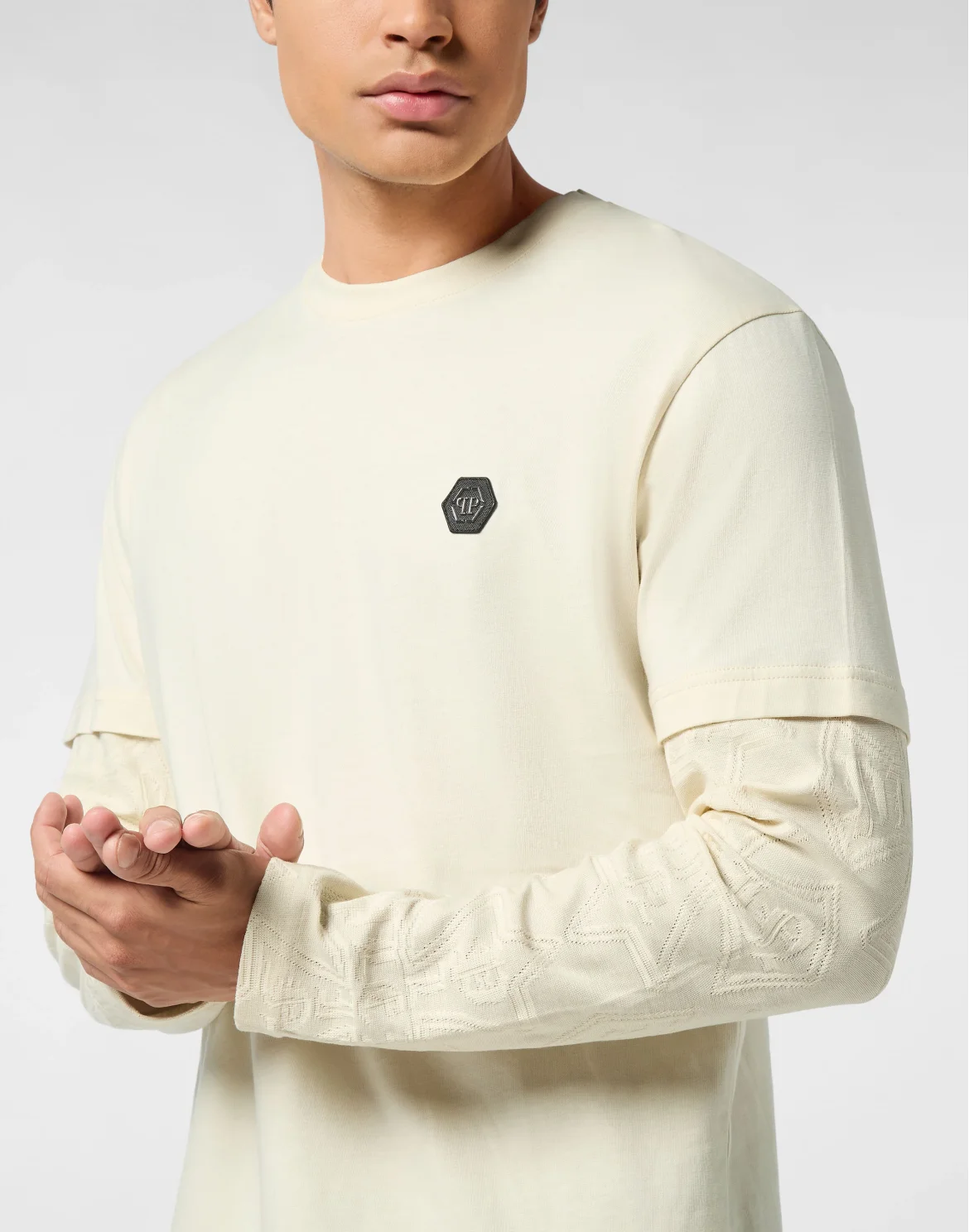 Double-Sleeved Longsleeve T-Shirt Jacquard Crest, цвет: Бежевый
