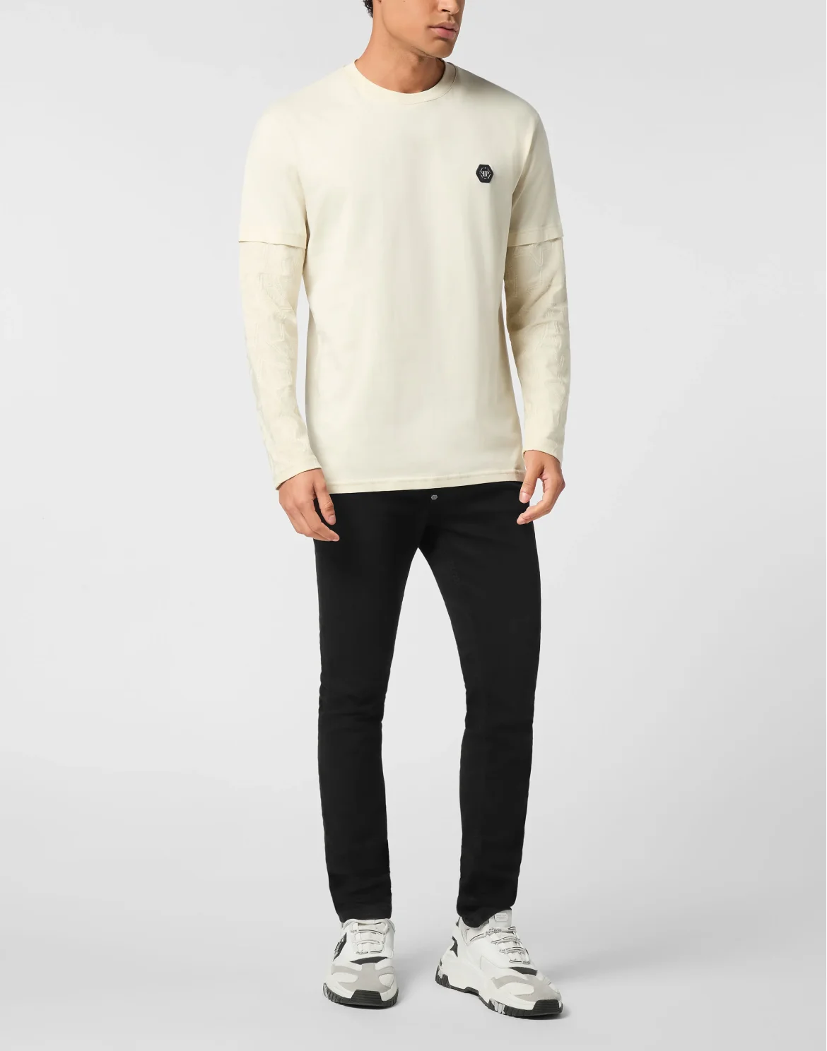 Double-Sleeved Longsleeve T-Shirt Jacquard Crest, цвет: Бежевый