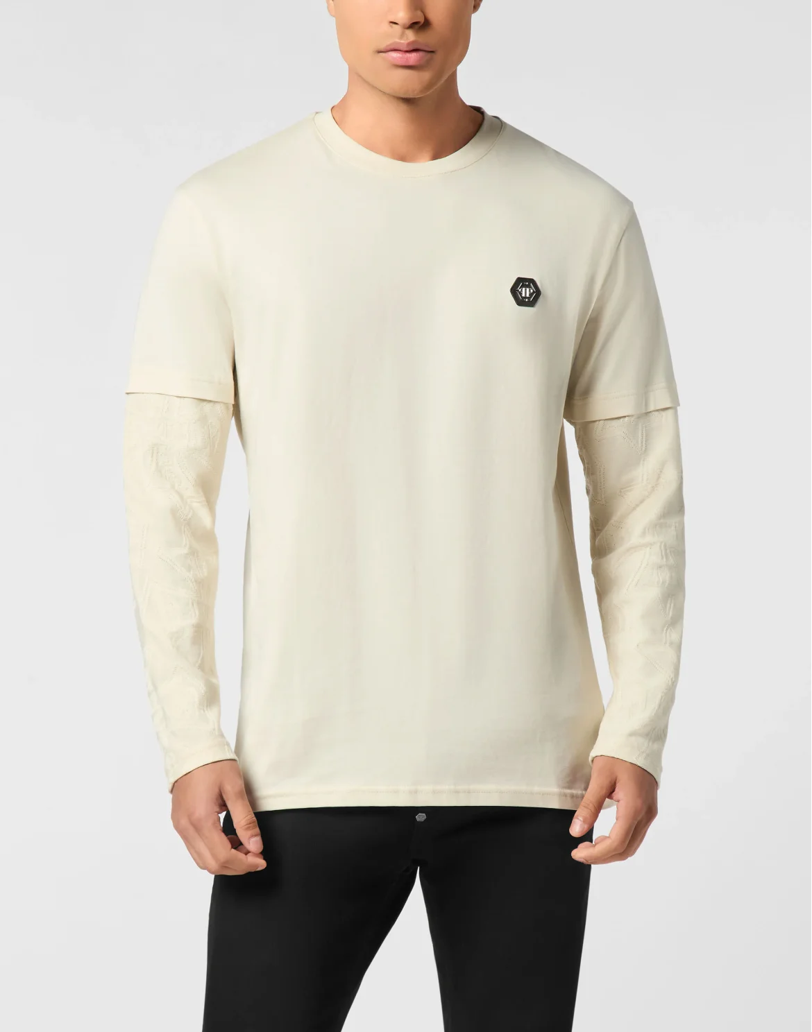 Double-Sleeved Longsleeve T-Shirt Jacquard Crest, цвет: Бежевый