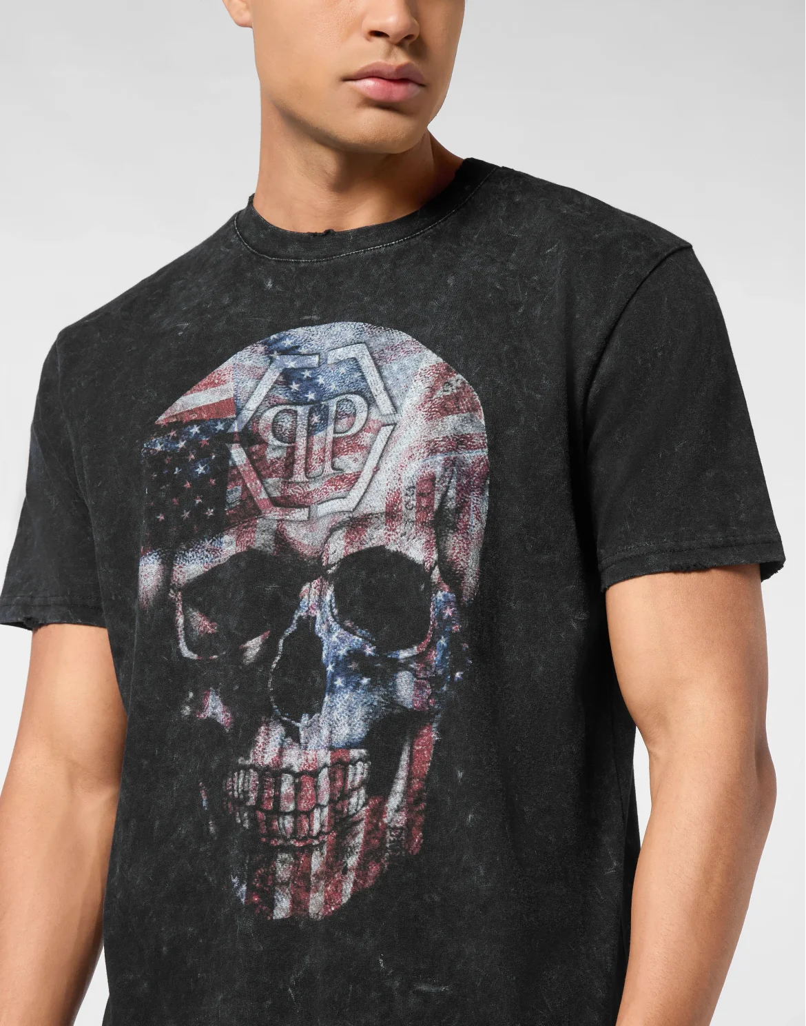 Washed Round Neck T-Shirt Skull America, цвет: Черный