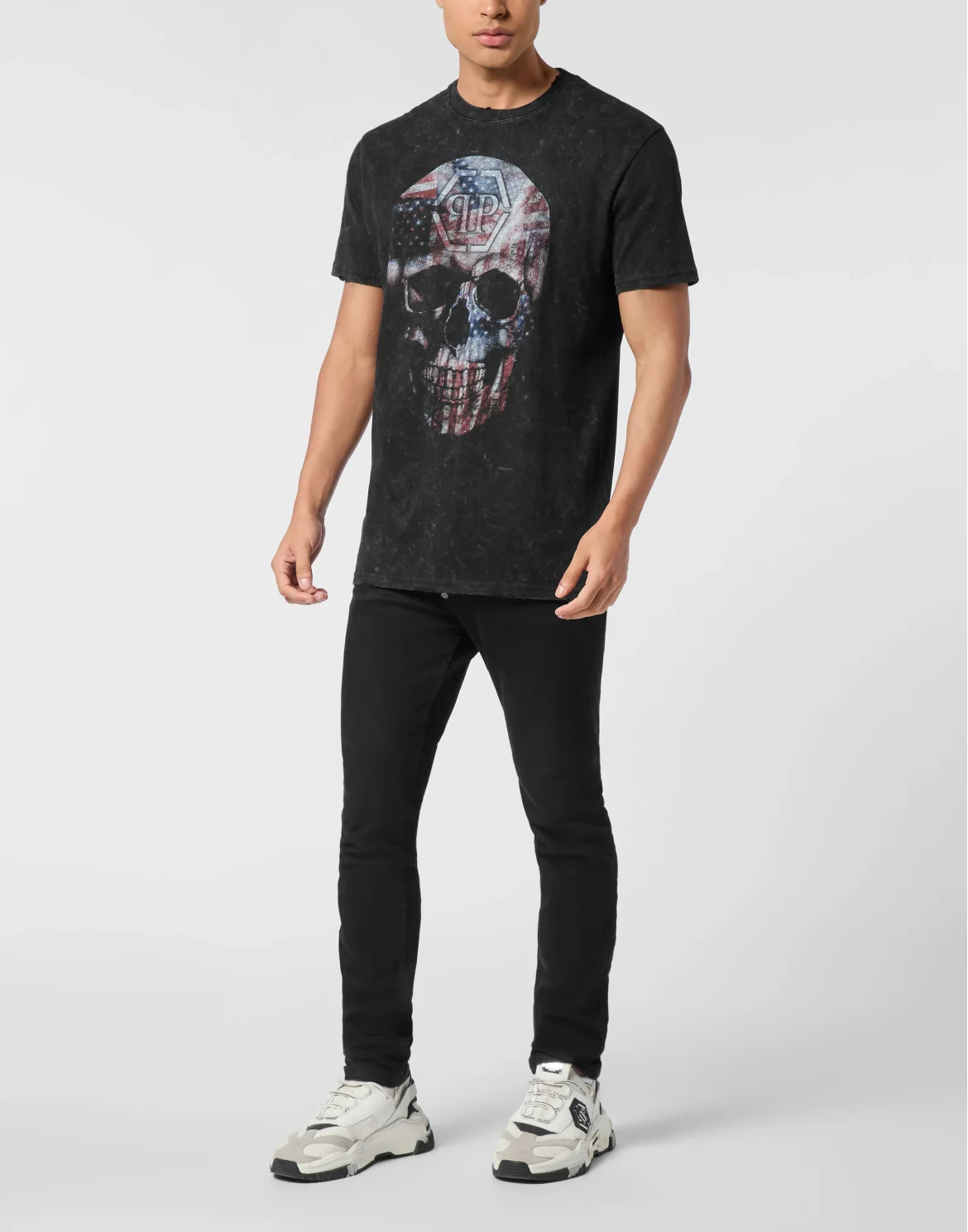 Washed Round Neck T-Shirt Skull America, цвет: Черный