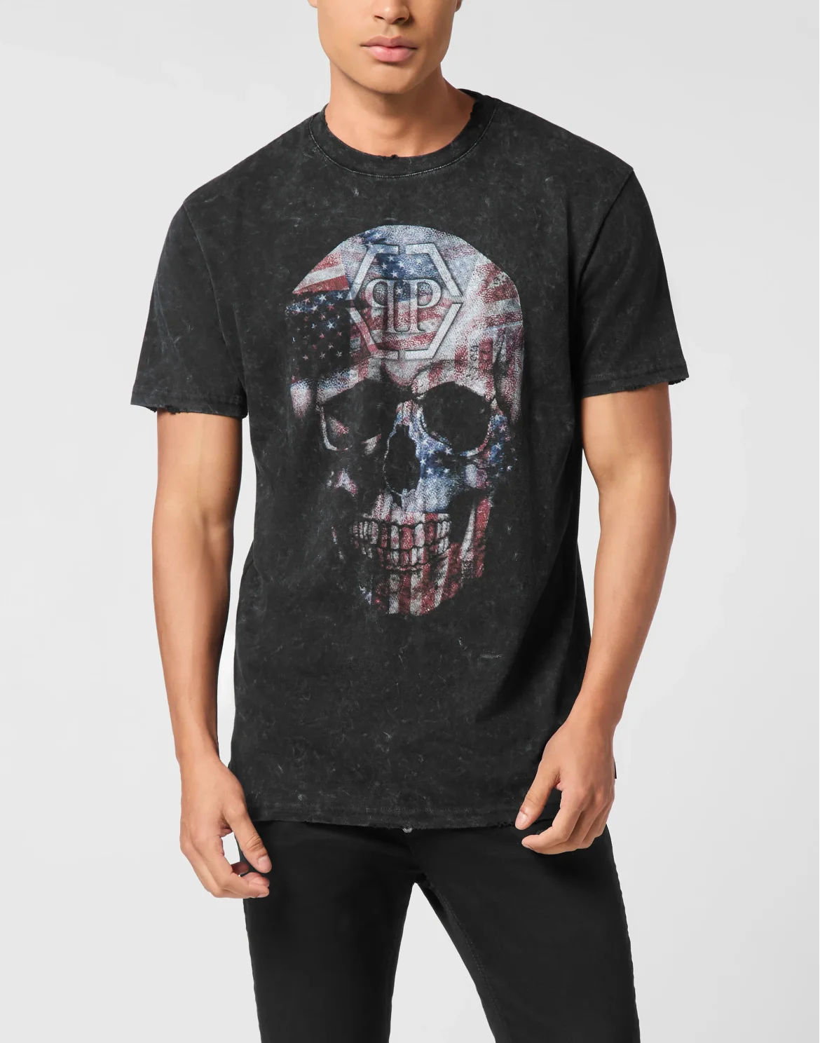 Washed Round Neck T-Shirt Skull America, цвет: Черный