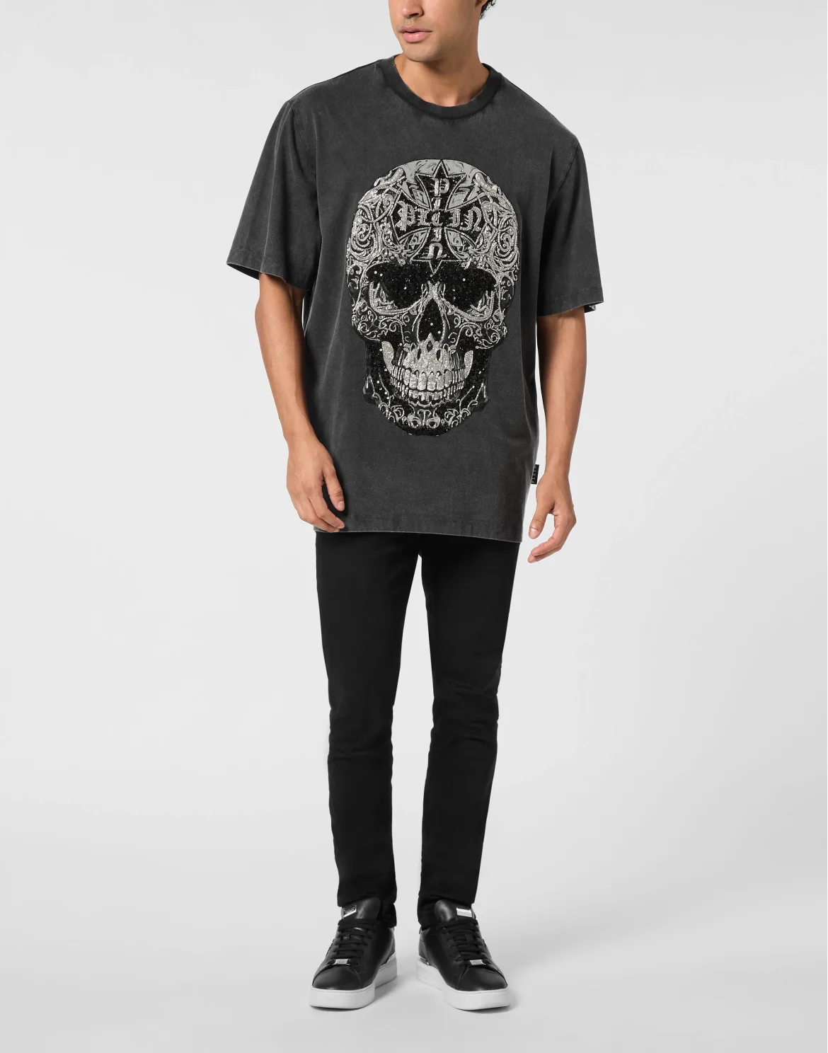 Washed Round Neck T-Shirt Baroque Skull, цвет: Черный