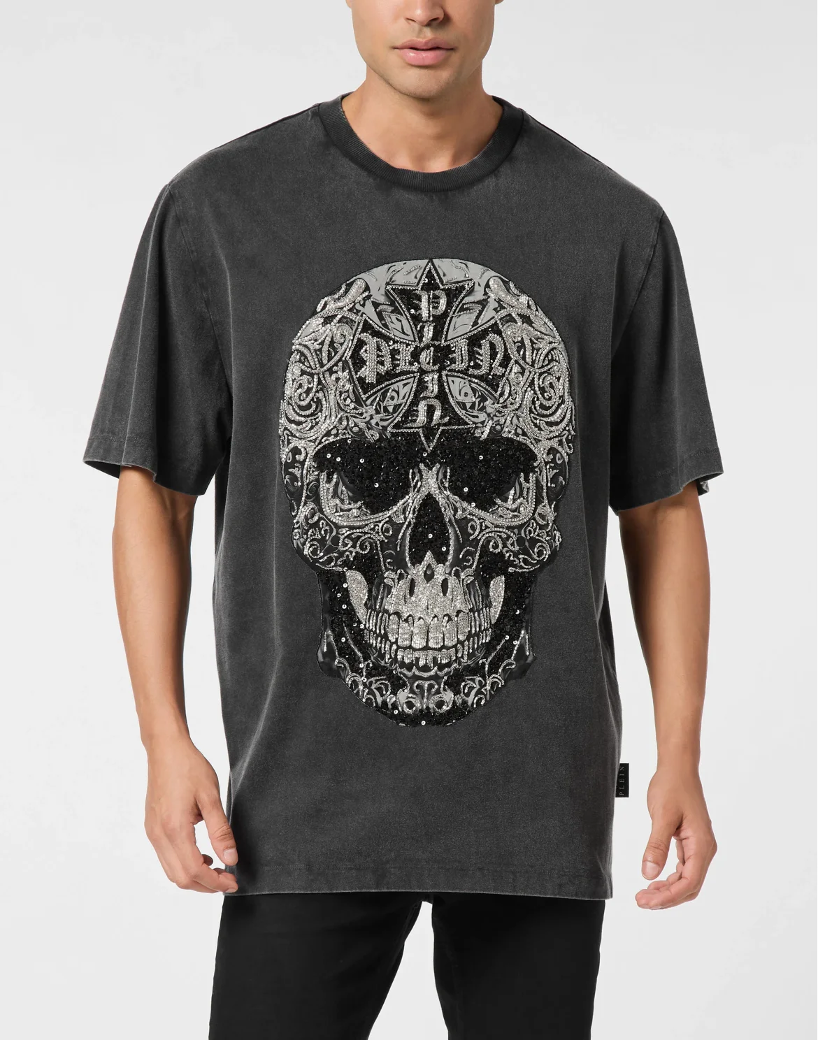 Washed Round Neck T-Shirt Baroque Skull, цвет: Черный