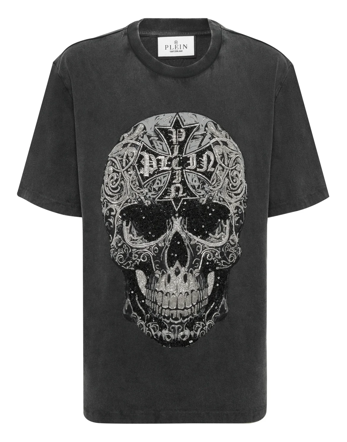 Washed Round Neck T-Shirt Baroque Skull, цвет: Черный