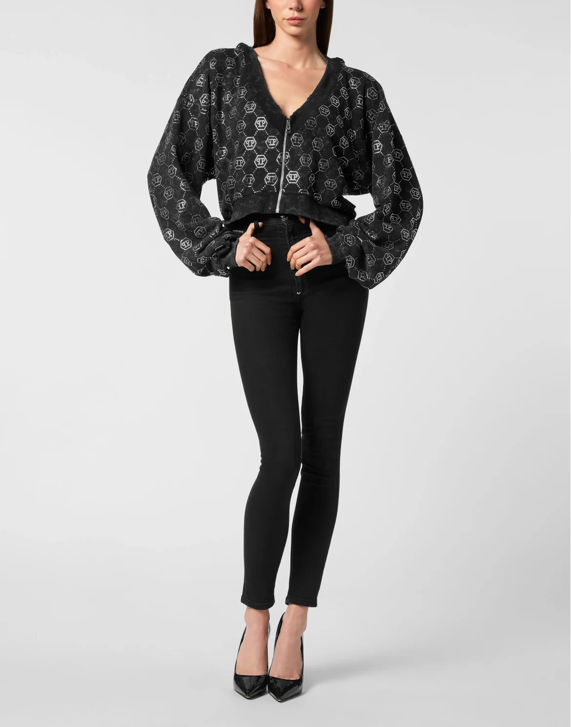 Washed Zip Hoodie Monogram Crystal, цвет: Черный
