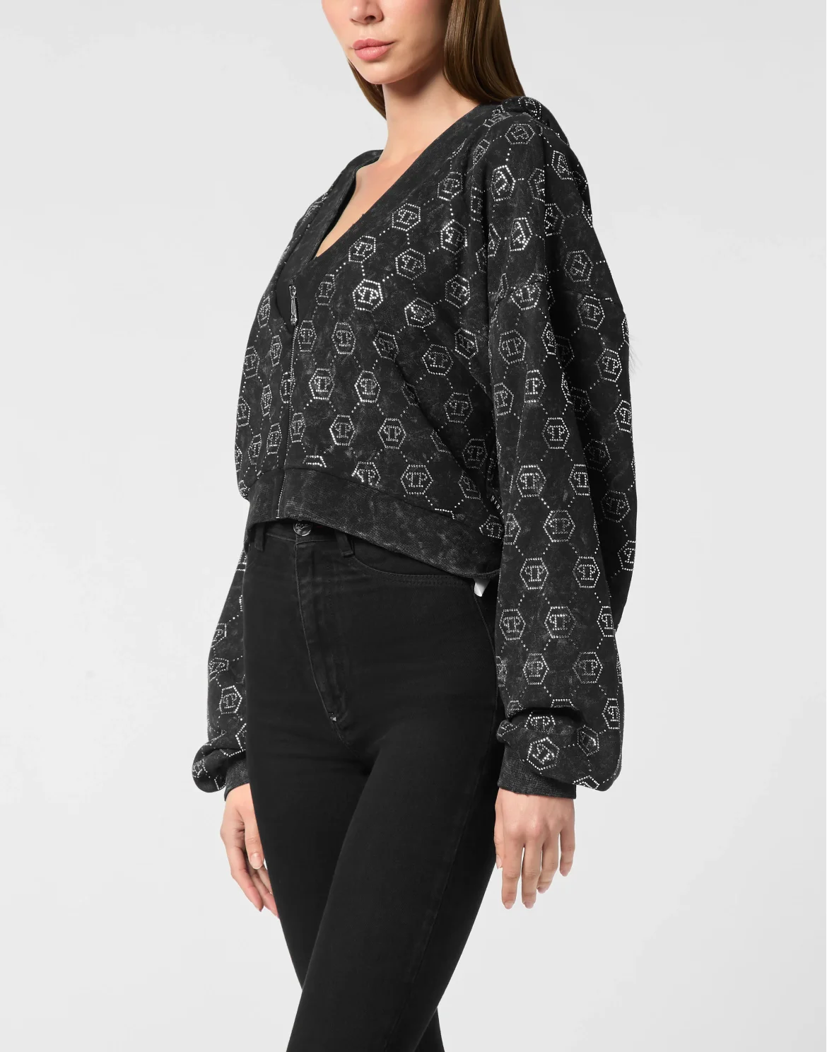 Washed Zip Hoodie Monogram Crystal, цвет: Черный
