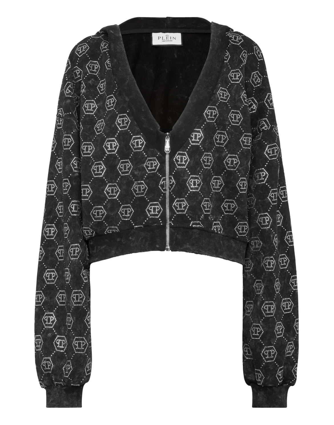 Washed Zip Hoodie Monogram Crystal, цвет: Черный