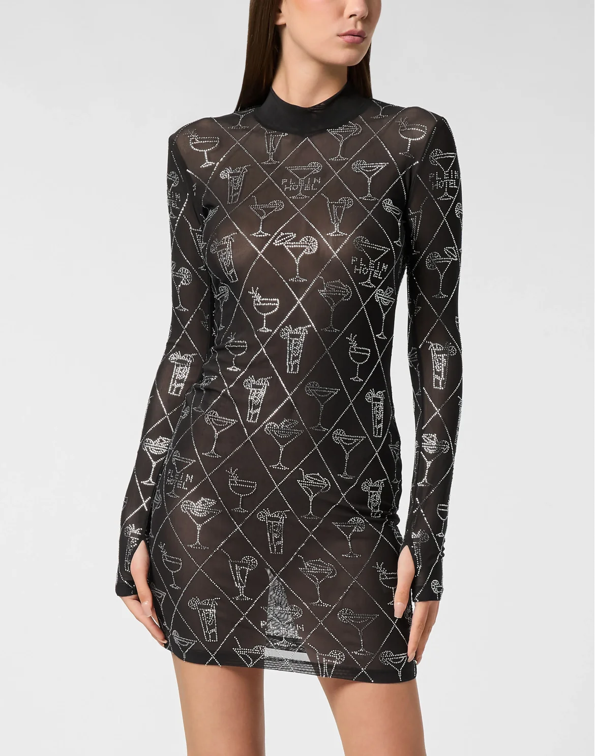 Tulle Long-Sleeved Mini Dress Cocktails Crystal, цвет: Черный