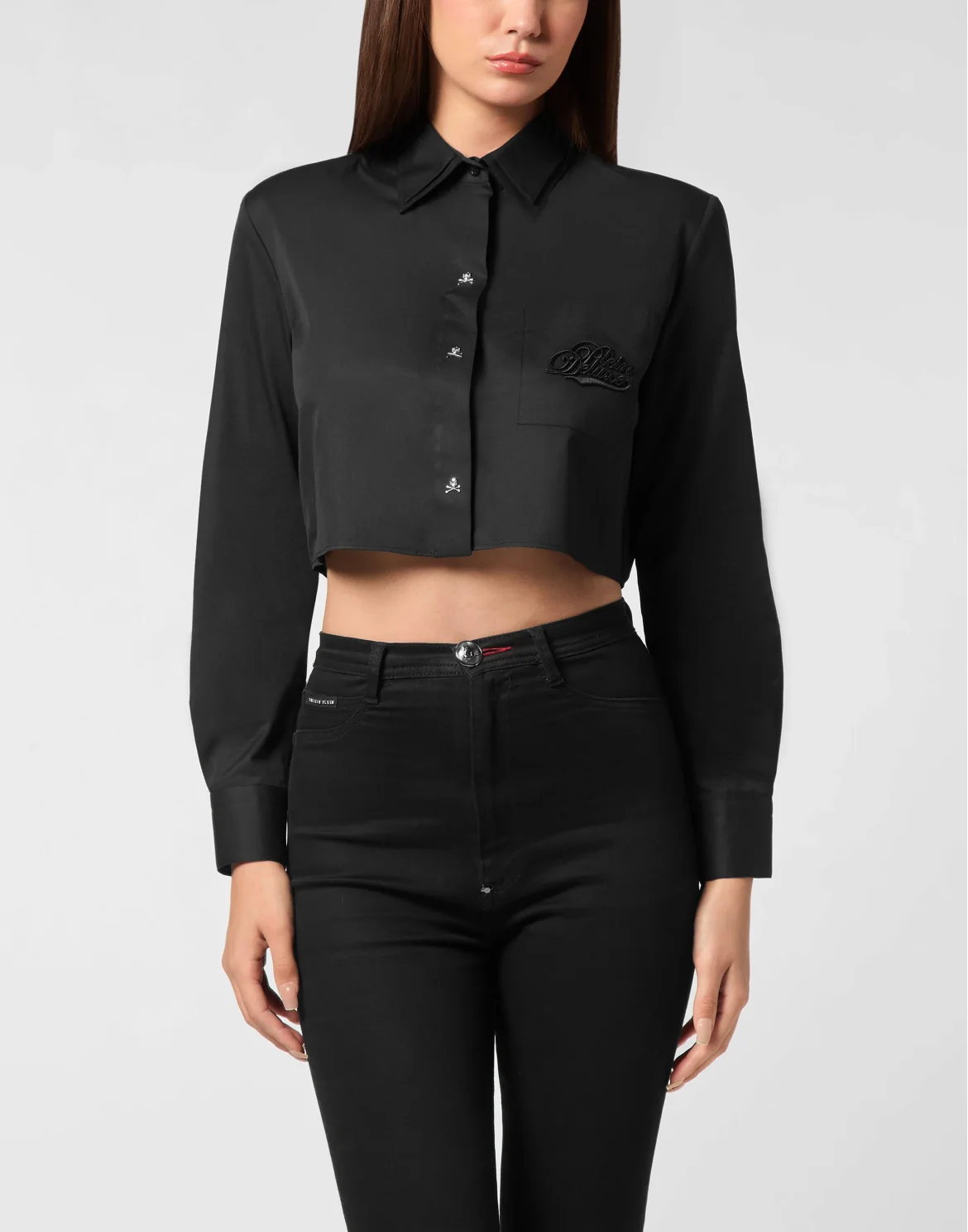Cropped Double Collar Shirt Plein Deluxe, цвет: Черный